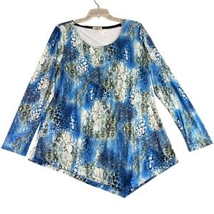 One World XL Snake Print Beaded Tunic Top Long Sleeve Blue Green Boho NWT